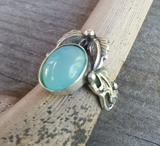 Blue chalcedony, leaf ring, sterling silver,handmade, steampunk,gothic, art nouveau, victorian,vintage,boho,designer ,gypsy,tribal,filigree,