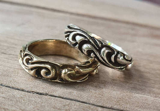 Gold Thick antique band,chunky brass stacker ring,handmade,vintage scroll,Victorian pattern ring, wedding ring,solid band