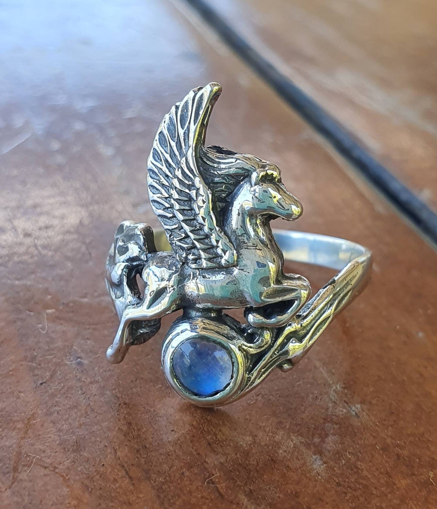 PEGASUS ring,moonstone, sterling silver,mythical horse, unicorn,fantasy,new age,magic,mystical, boho,hippy,gypsy,art nouveau,handmade,goddes