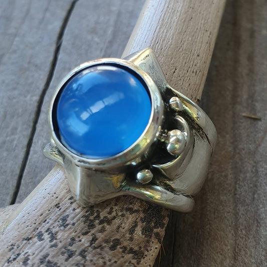 Blue chalcedony  ring,sterling silver, chunky unisex ring,wedding ring,boho,gemstone ring,handmade, retro,signet