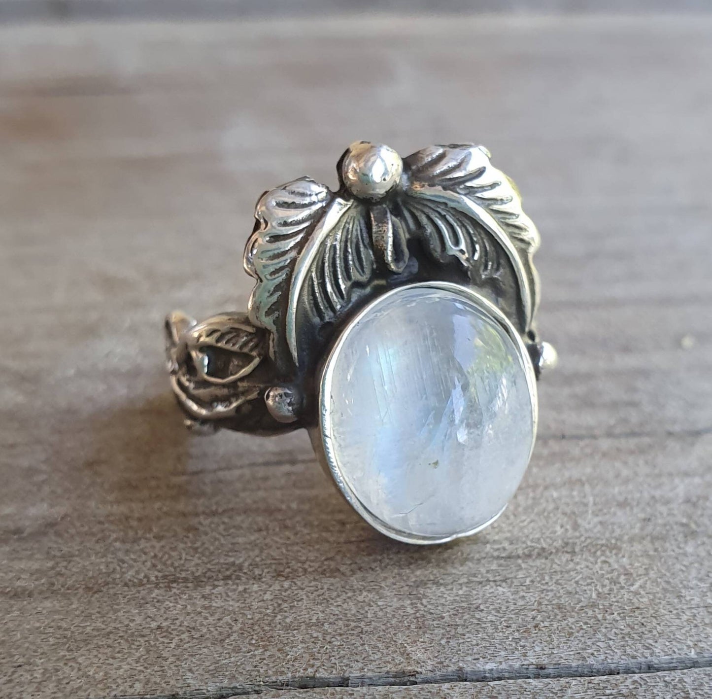 Rainbow moonstone ring,leaf ring, sterling silver,handmade, steampunk,gothic, art nouveau, victorian,vintage,boho,gypsy,tribal,filigree,