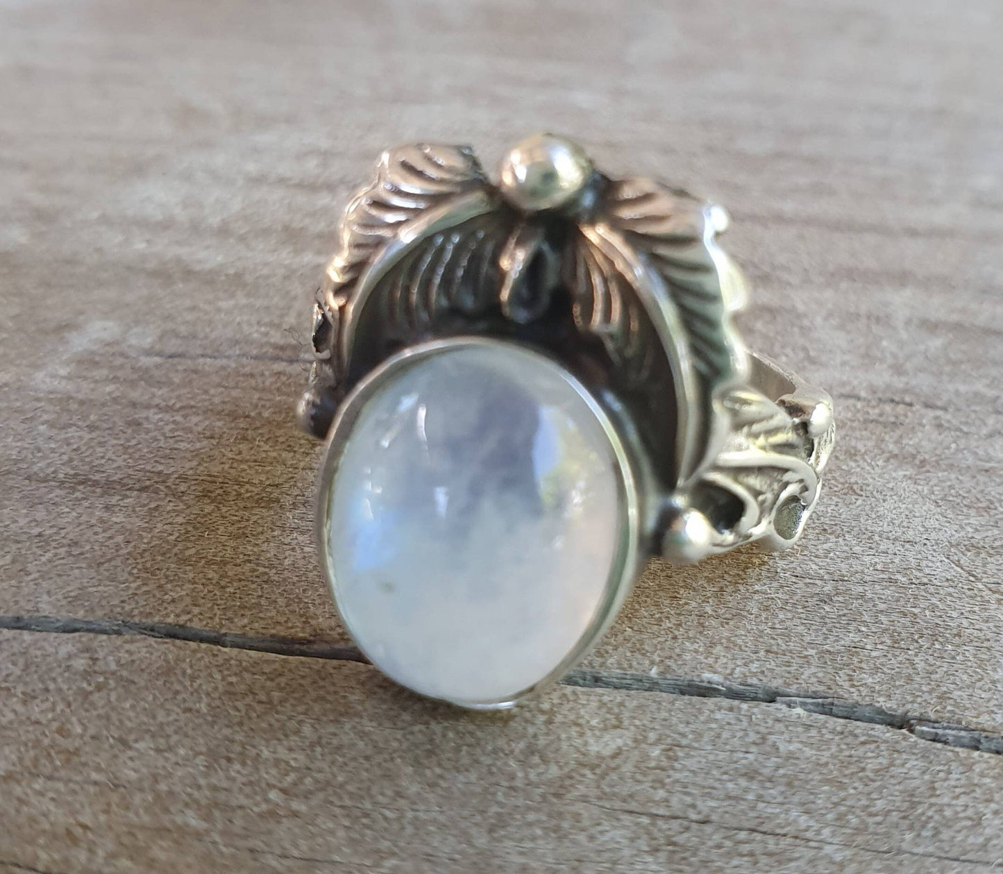Rainbow moonstone ring,leaf ring, sterling silver,handmade, steampunk,gothic, art nouveau, victorian,vintage,boho,gypsy,tribal,filigree,