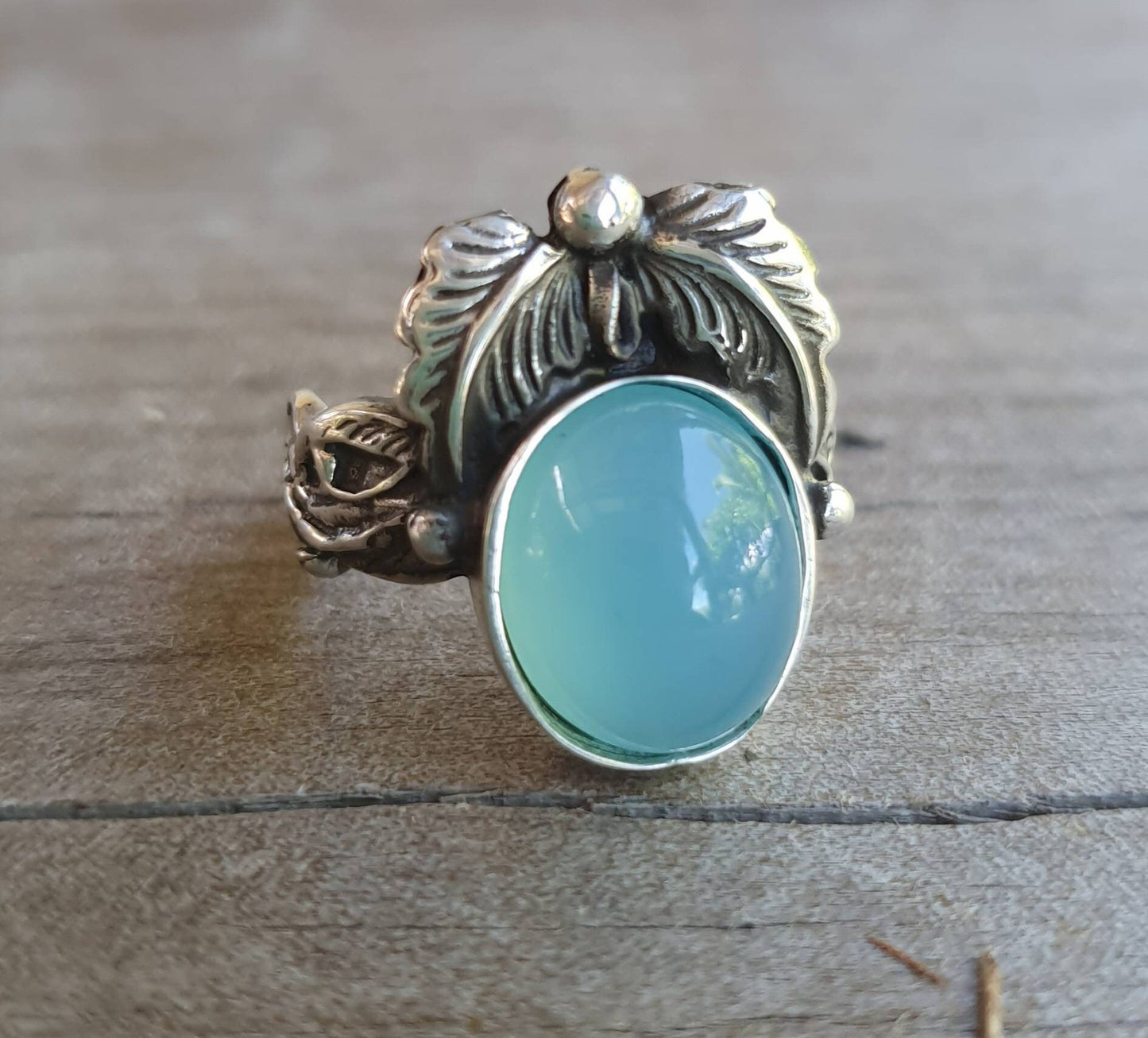 Blue chalcedony, leaf ring, sterling silver,handmade, steampunk,gothic, art nouveau, victorian,vintage,boho,designer ,gypsy,tribal,filigree,