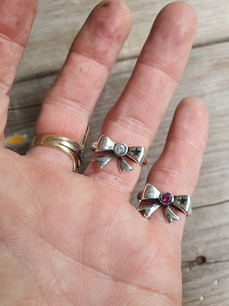 Bow ring,sterling silver,synthetic ruby cz,ribbon ring,bow, rockabilly,victorian,boho,goddess,handmade