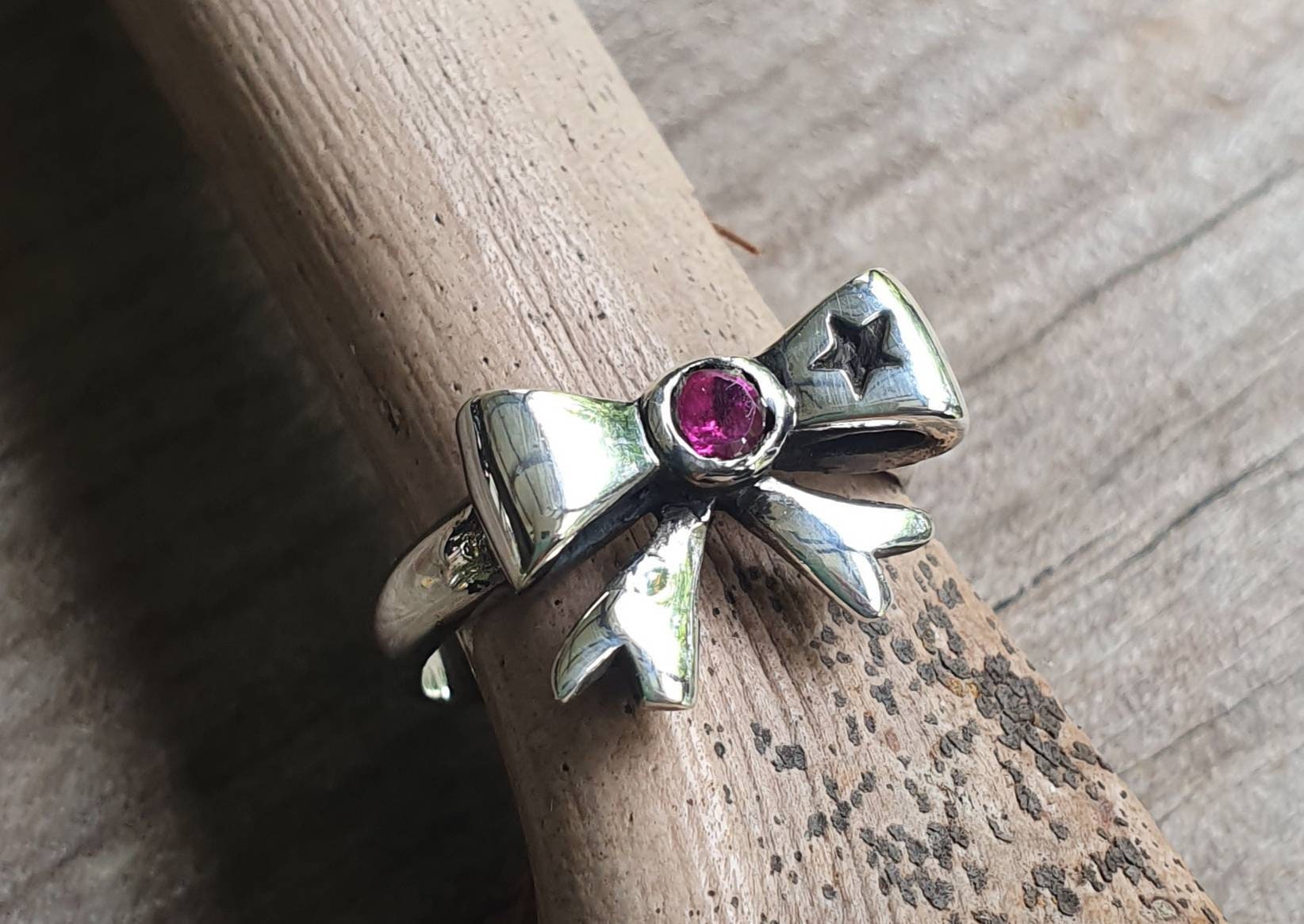 Bow ring,sterling silver,synthetic ruby cz,ribbon ring,bow, rockabilly,victorian,boho,goddess,handmade
