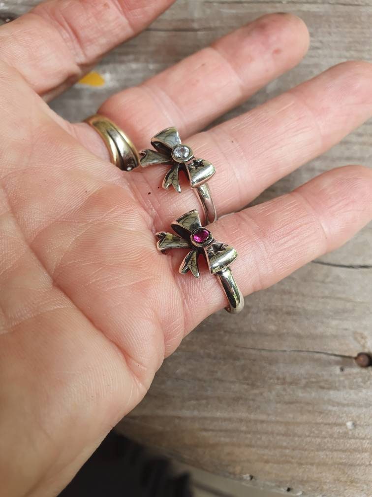 Bow ring,sterling silver,synthetic ruby cz,ribbon ring,bow, rockabilly,victorian,boho,goddess,handmade