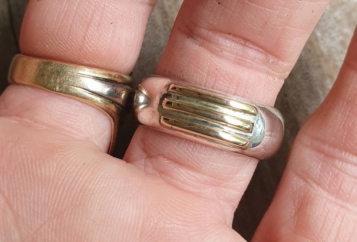 two tone ring,9ct gold on sterling silver,plain modern band,gold and silver wedding ring,handmade silver band