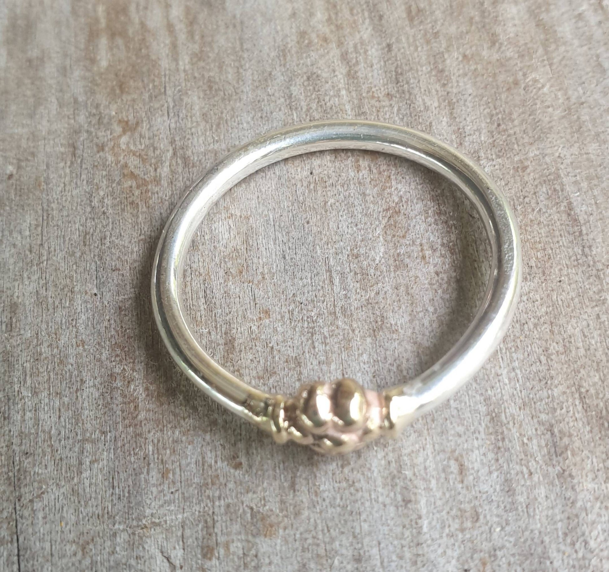 Two tone stacking ring,solid 9k gold bead and sterling silver,thin flower ring,