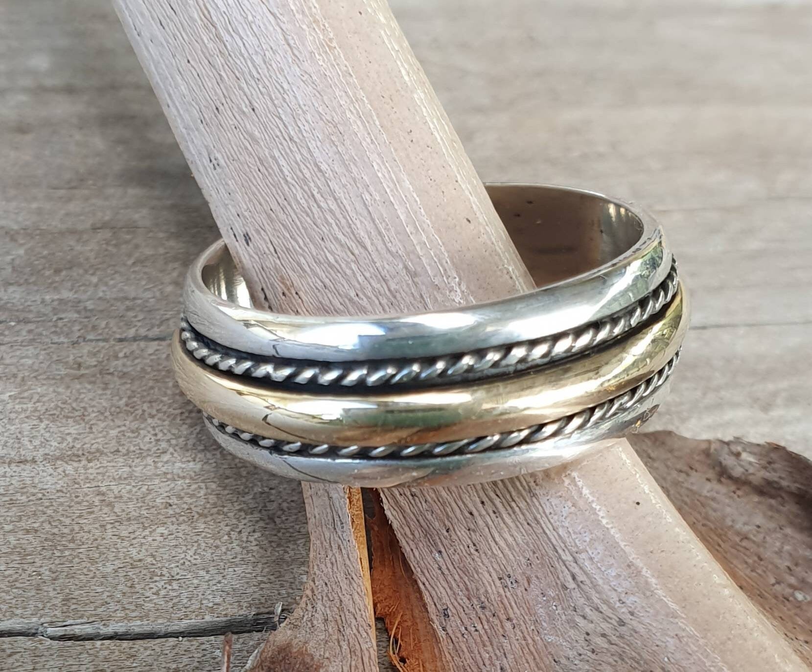 spinner ring,9k gold and sterling silver cross ring,two tone,mixed metal,handmade wedding band,worry ring