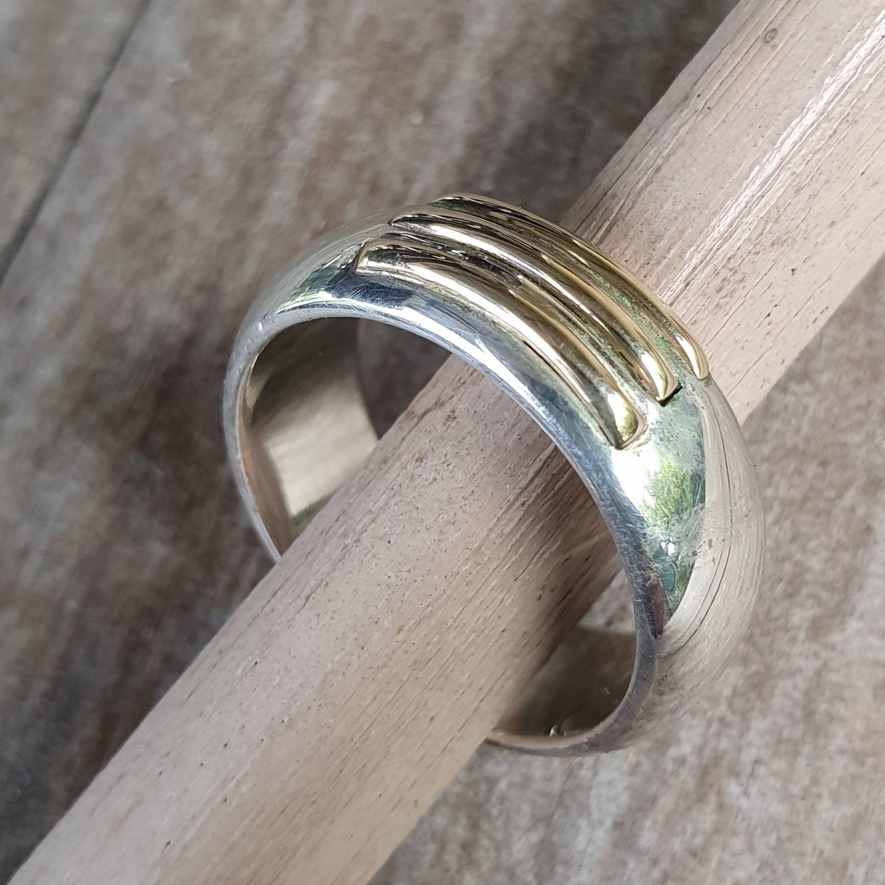 two tone ring,9ct gold on sterling silver,plain modern band,gold and silver wedding ring,handmade silver band