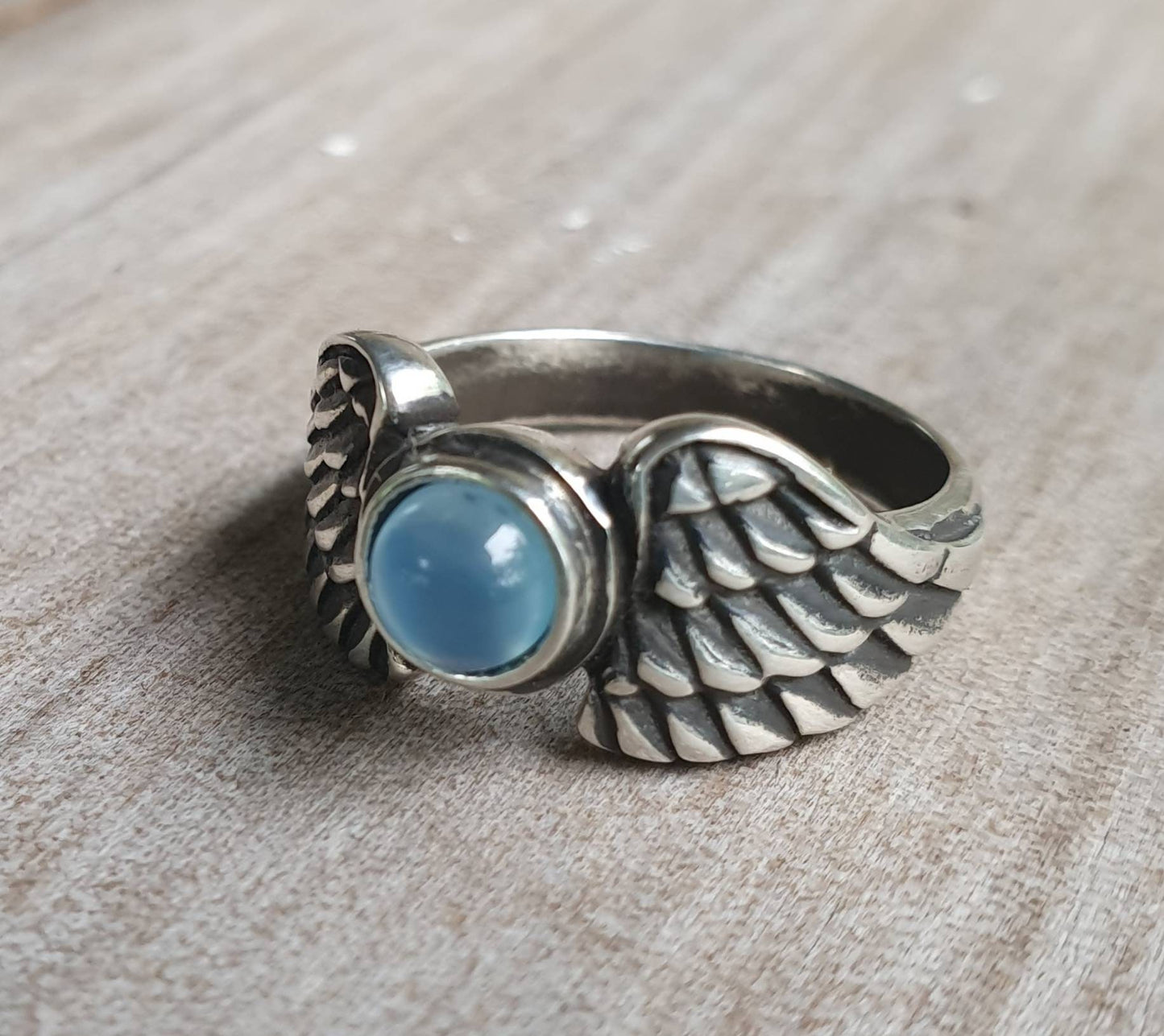 Angel wings ring,blue chalcedony,sterling silver,goddess,feather, bird,boho,fairy,etheric,fantasy,pinkie ring,