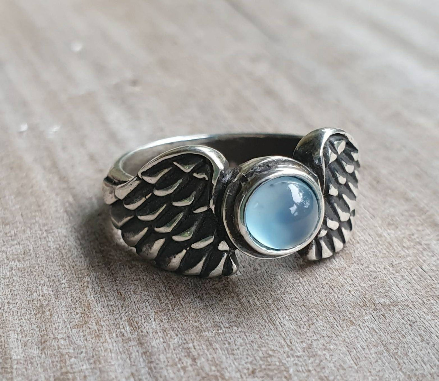 Angel wings ring,blue chalcedony,sterling silver,goddess,feather, bird,boho,fairy,etheric,fantasy,pinkie ring,