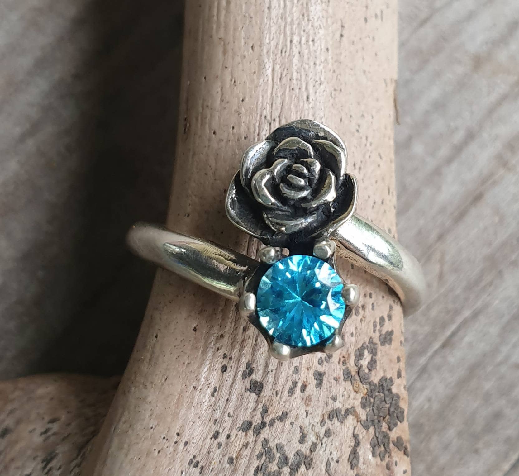 rose ring,sterling silver,cz,long ring, boho flower art nouveau victorian