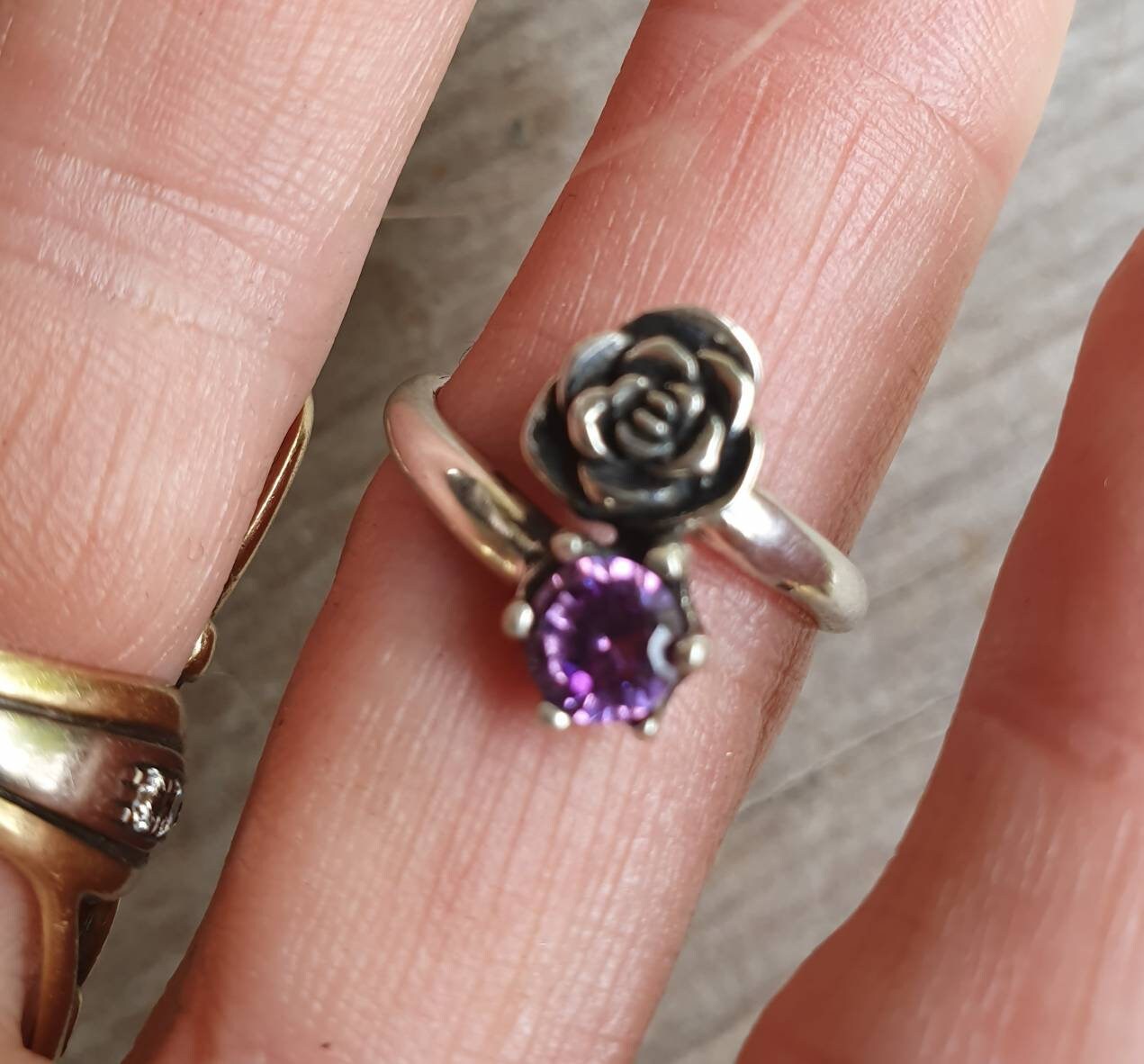 Amethyst rose ring,sterling silver,cz,long ring, boho flower art nouveau victorian