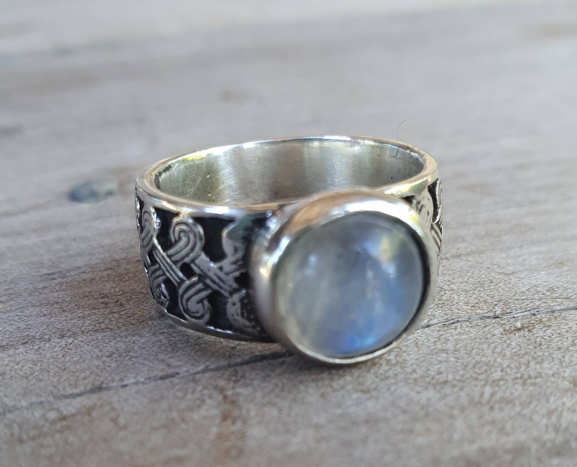 Moonstone ring,Celtic band,sterling silver,tribal,ethnic,Maori, scroll ring,