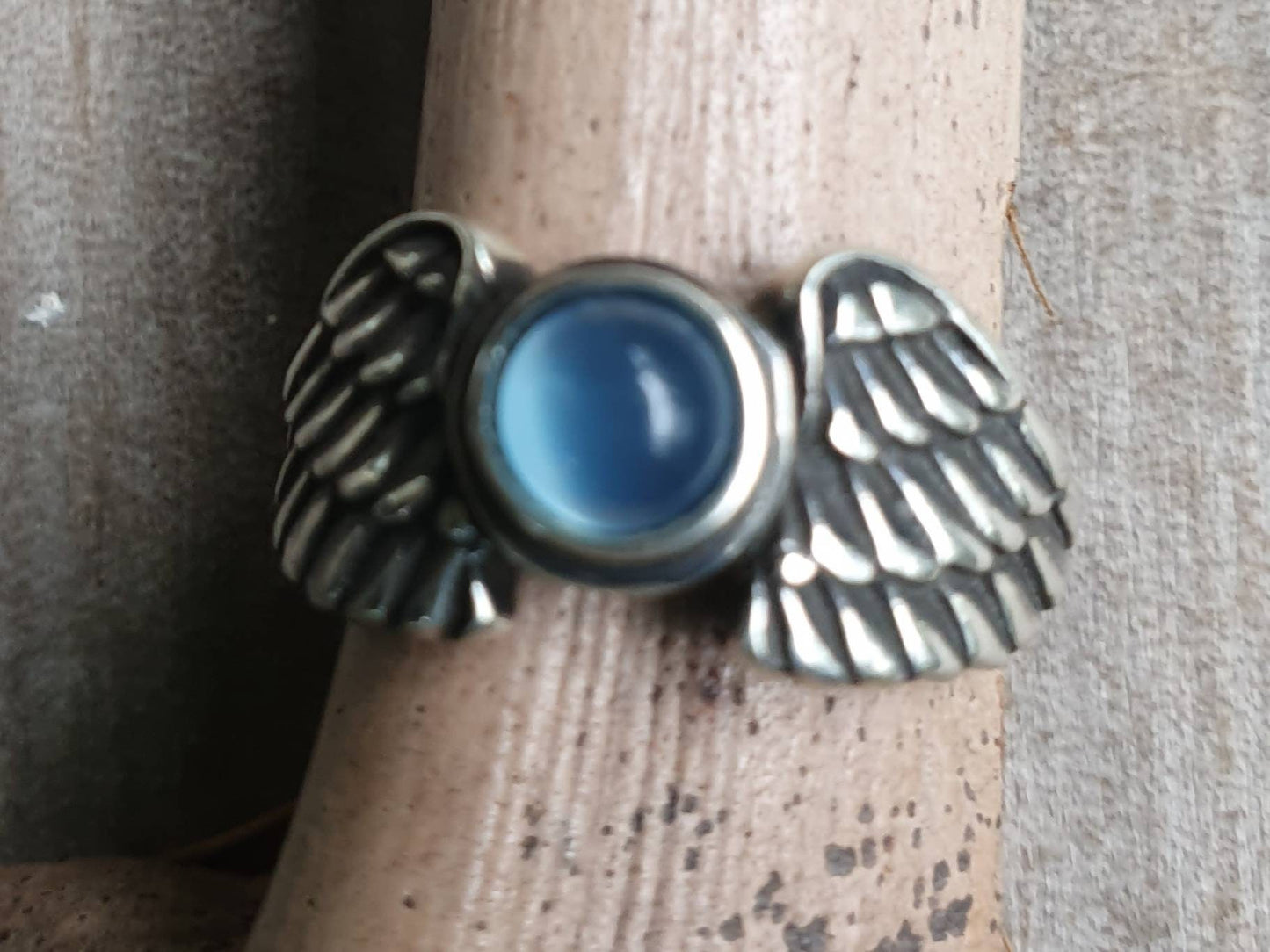 Angel wings ring,blue chalcedony,sterling silver,goddess,feather, bird,boho,fairy,etheric,fantasy,pinkie ring,