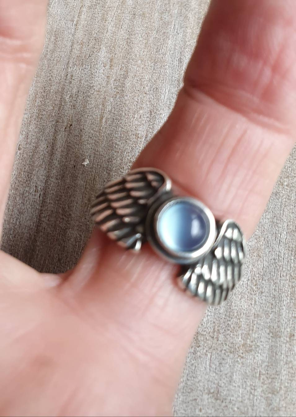 Angel wings ring,blue chalcedony,sterling silver,goddess,feather, bird,boho,fairy,etheric,fantasy,pinkie ring,