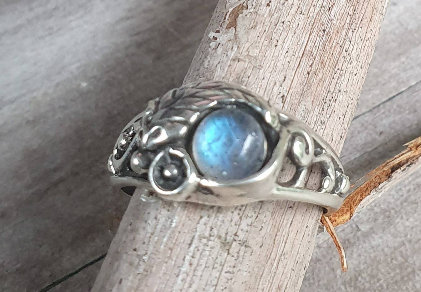 Blue chalcedony rose ring,sterling silver,ornate flower  leaf,vine,boho,art nouveau,victorian,vintage,handmade,gypsy,goddess,women fashion