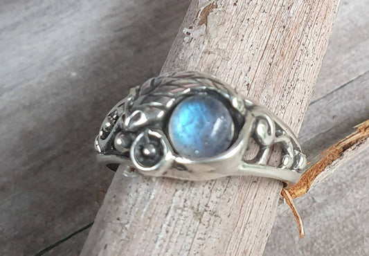 Rose ring,Rainbow moonstone ring,sterling silver,ornate flower  leaf,vine,boho,art nouveau,victorian,vintage,handmade,gypsy,goddess,