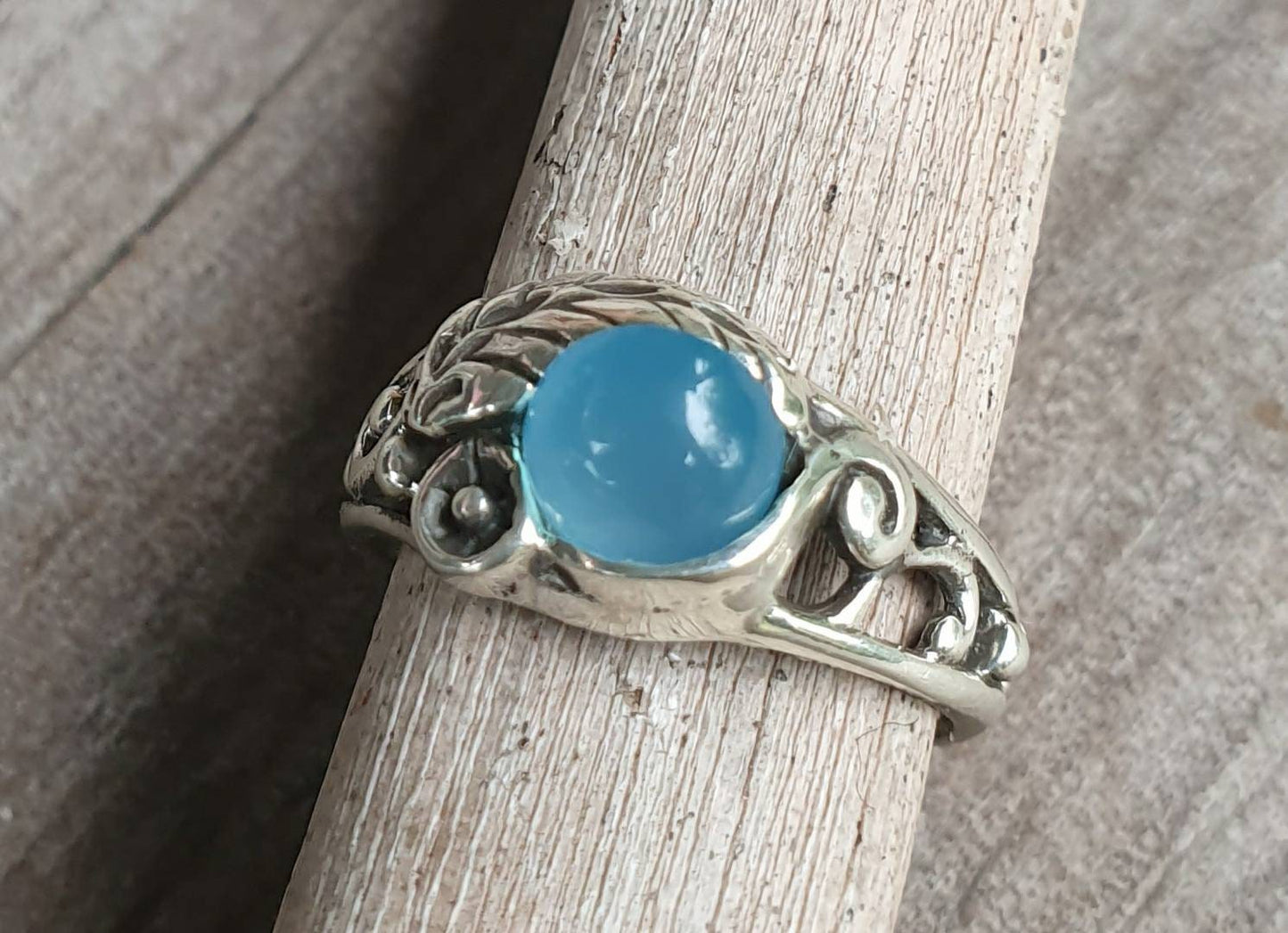 Blue chalcedony rose ring,sterling silver,ornate flower  leaf,vine,boho,art nouveau,victorian,vintage,handmade,gypsy,goddess,women fashion