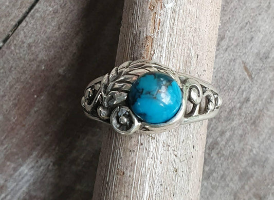 Turquoise  ring,sterling silver rose flower ring, leaf,vine,boho,art nouveau,victorian,vintage,handmade,gypsy,goddess,women fashion