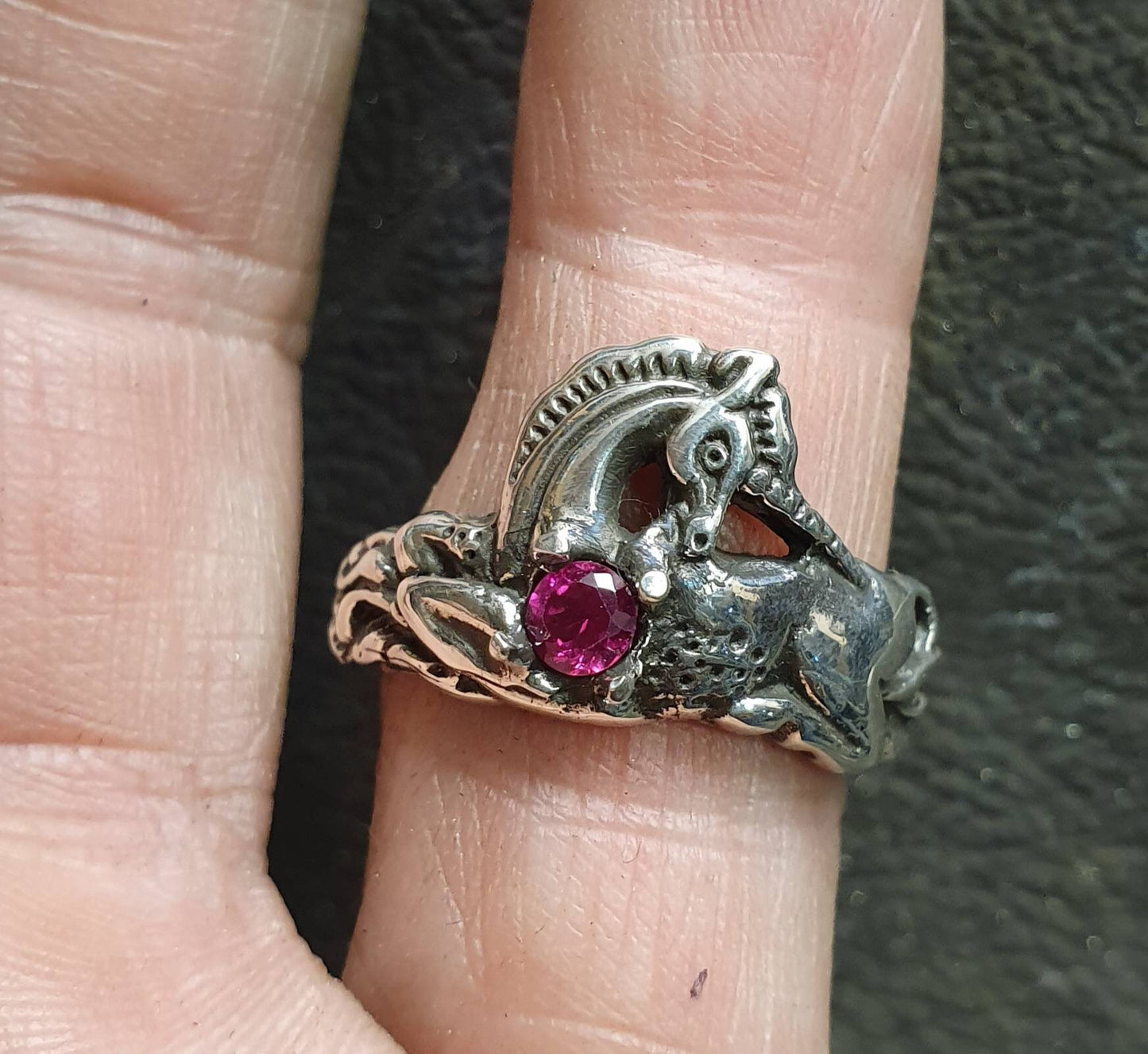 Unicorn ring,sterling silver,mythical horse,fantasy, purple stone ring,new age,boho hippy,art nouveau,horse,magic,