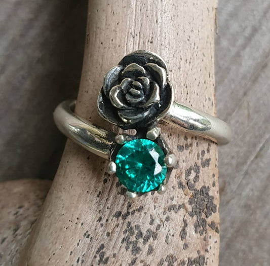 rose ring,teal cubic zirconia,sterling silver,hand made,retro, steampunk, gothic, art nouveau ,victorian,boho,gypsy,flower,
