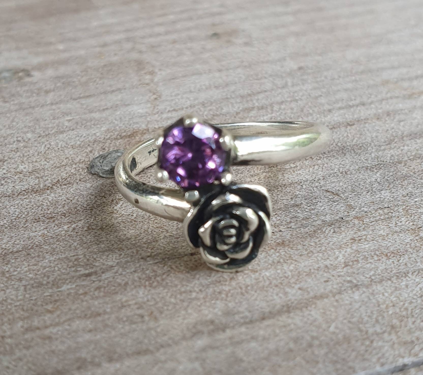 Amethyst rose ring,sterling silver,cz,long ring, boho flower art nouveau victorian