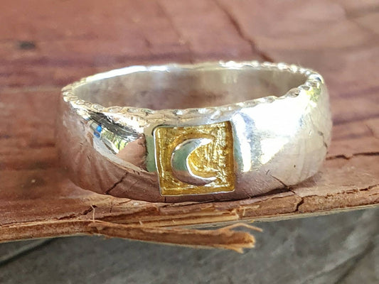Moon ring,sterling silver with gold,crecent moon, two tone band,goddess ring,
