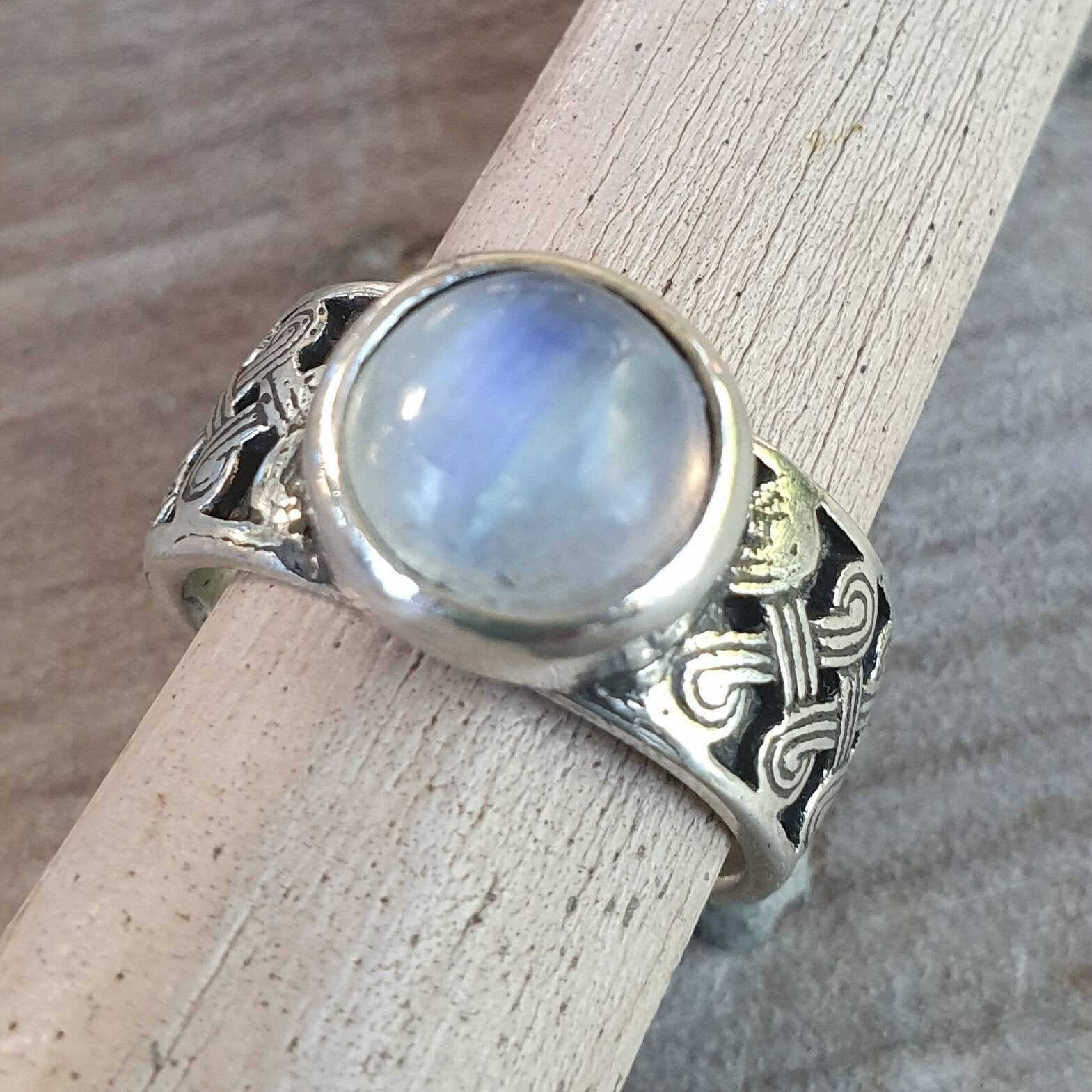 Moonstone ring,Celtic band,sterling silver,tribal,ethnic,Maori, scroll ring,