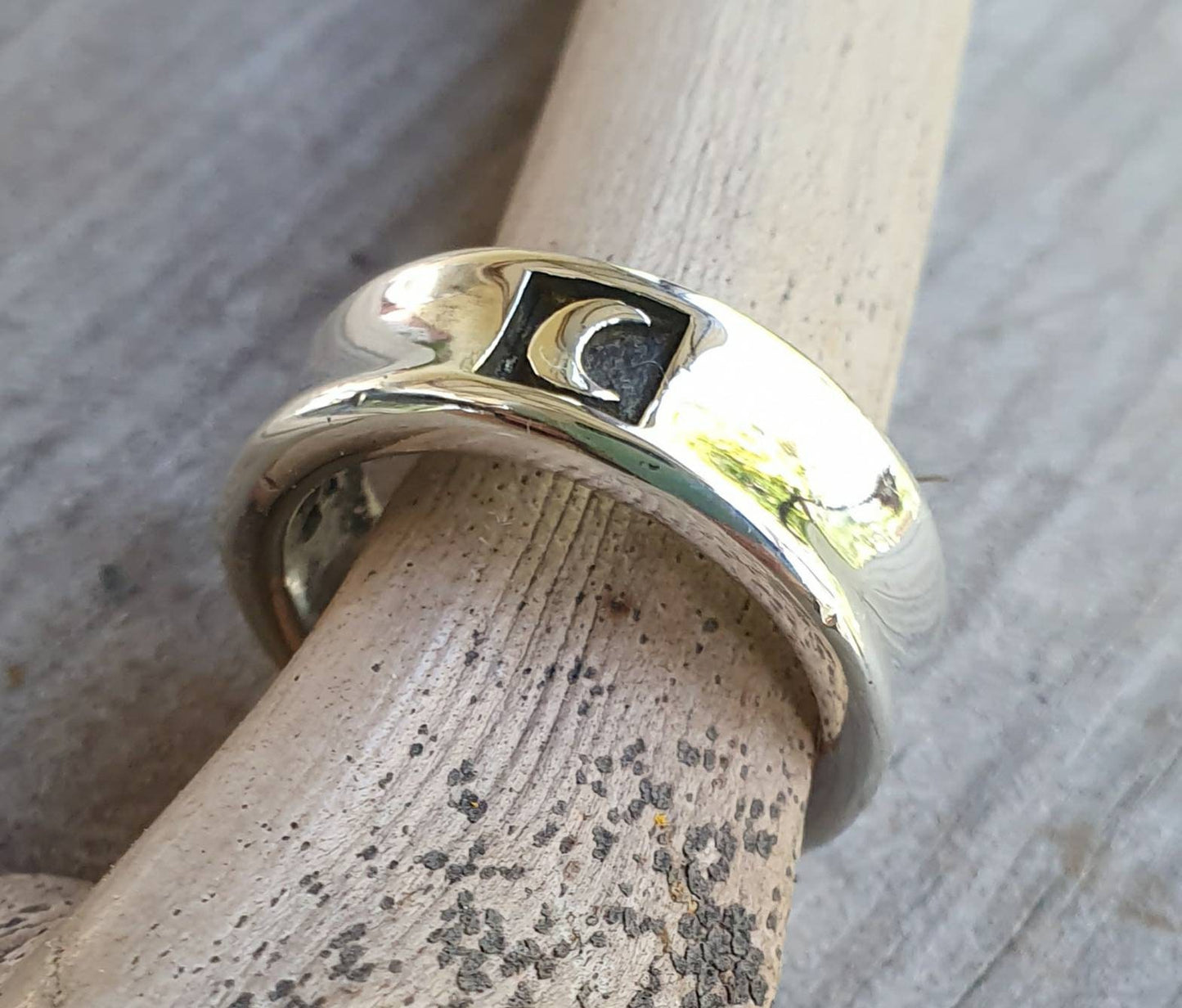 Moon ring,sterling silver with crecent moon,chunky unisex band,goddess ring,