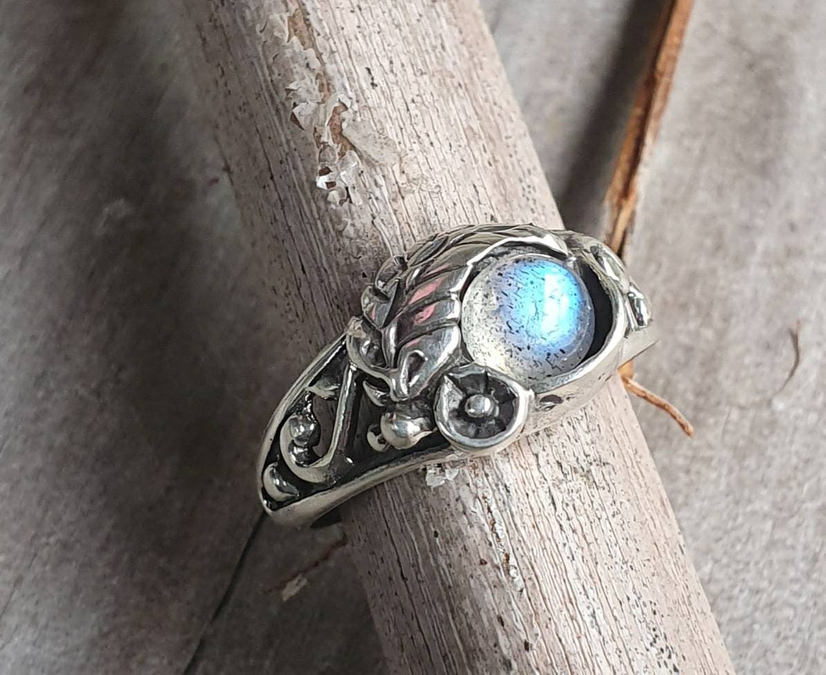 Blue chalcedony rose ring,sterling silver,ornate flower  leaf,vine,boho,art nouveau,victorian,vintage,handmade,gypsy,goddess,women fashion