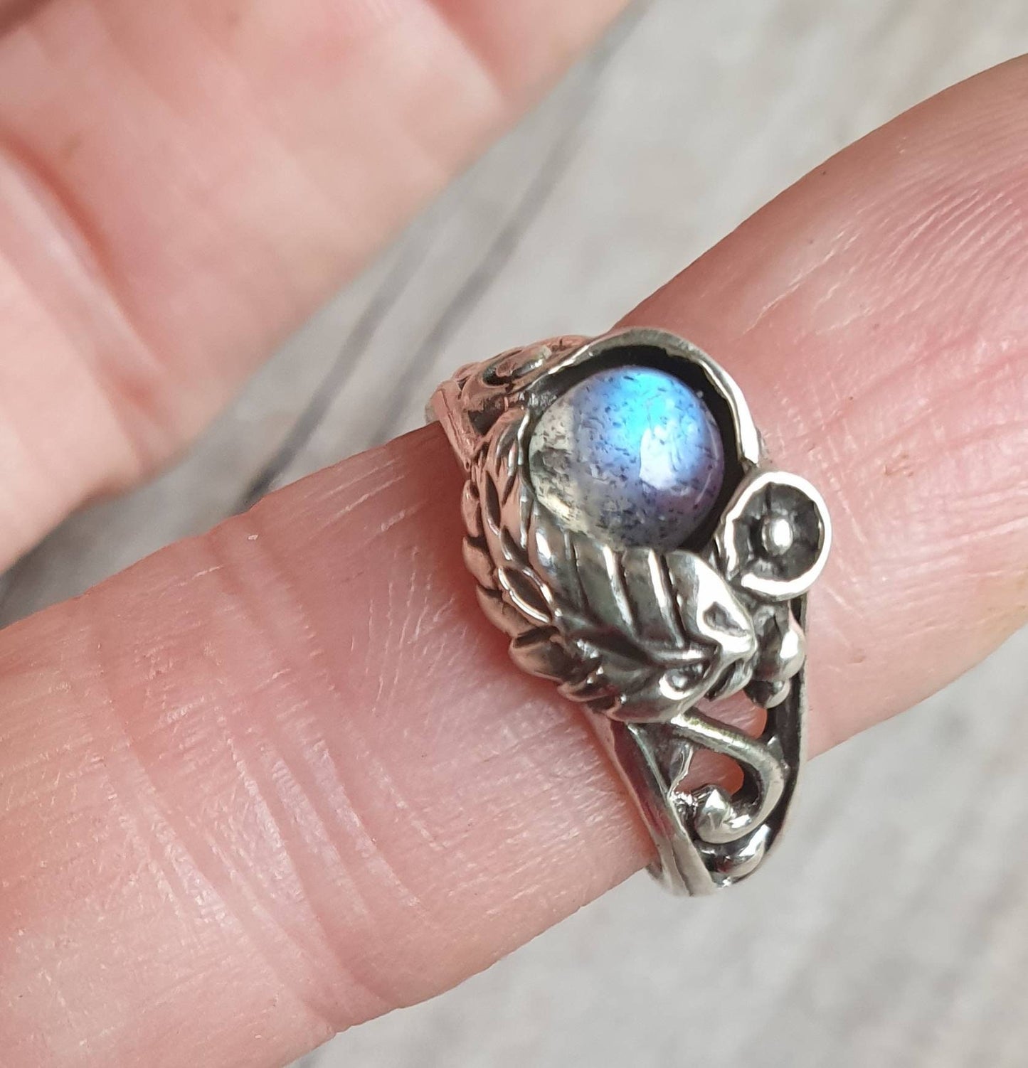 Blue chalcedony rose ring,sterling silver,ornate flower  leaf,vine,boho,art nouveau,victorian,vintage,handmade,gypsy,goddess,women fashion