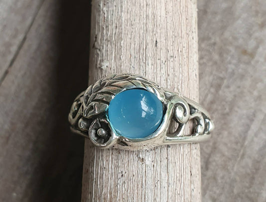 Blue chalcedony rose ring,sterling silver,ornate flower  leaf,vine,boho,art nouveau,victorian,vintage,handmade,gypsy,goddess,women fashion