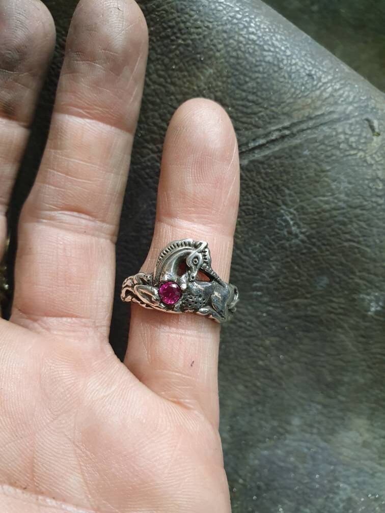 Unicorn ring,sterling silver,mythical horse,fantasy, purple stone ring,new age,boho hippy,art nouveau,horse,magic,