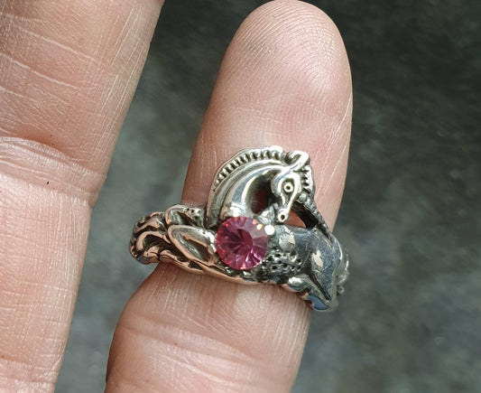 Unicorn ring,sterling silver,mythical horse,fantasy, purple stone ring,new age,boho hippy,art nouveau,horse,magic,