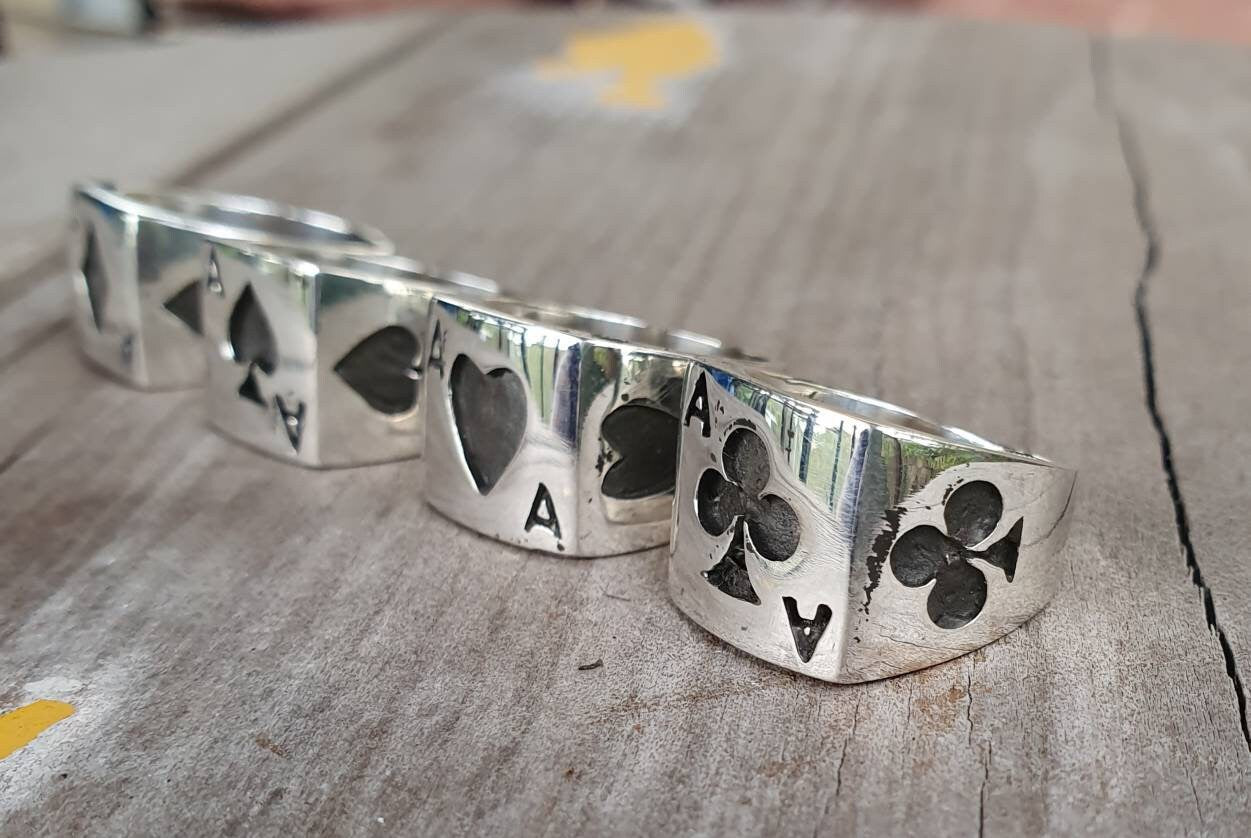 Ace of clubs ring,gambling, cards,oxidized  sterling silver,ace ring,Vegas wedding,black jack,poker,lucky,handmade,signet ring,rockabilly
