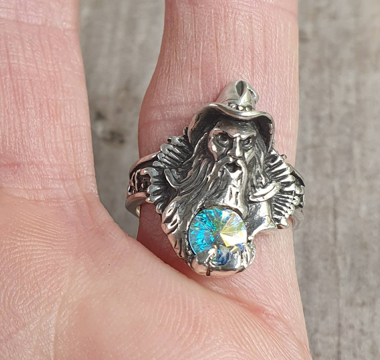 wizard ring,sterling silver,swarovski crystal,magic, fantasy,druid,Merlin,new age, mythical,steampunk,gothic punk,Crystal ball,boho,gypsy
