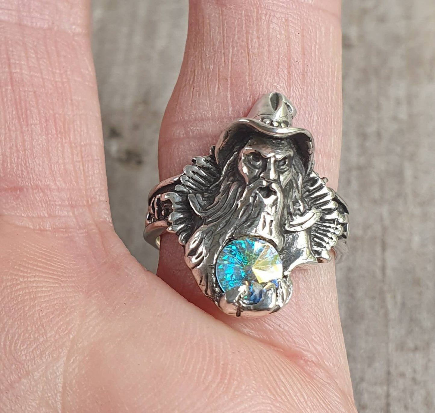 wizard ring,sterling silver,swarovski crystal,magic, fantasy,druid,Merlin,new age, mythical,steampunk,gothic punk,Crystal ball,boho,gypsy