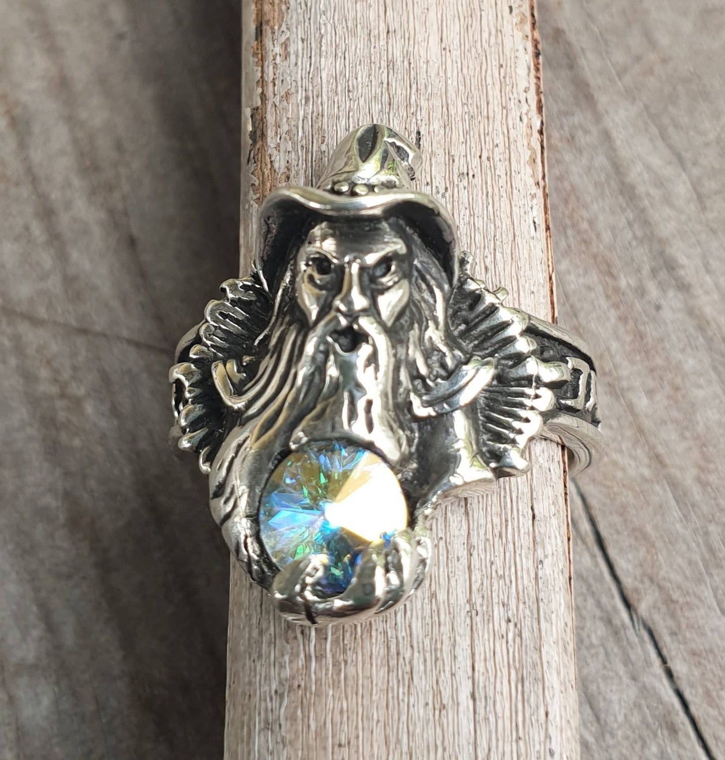 wizard ring,sterling silver,swarovski crystal,magic, fantasy,druid,Merlin,new age, mythical,steampunk,gothic punk,Crystal ball,boho,gypsy