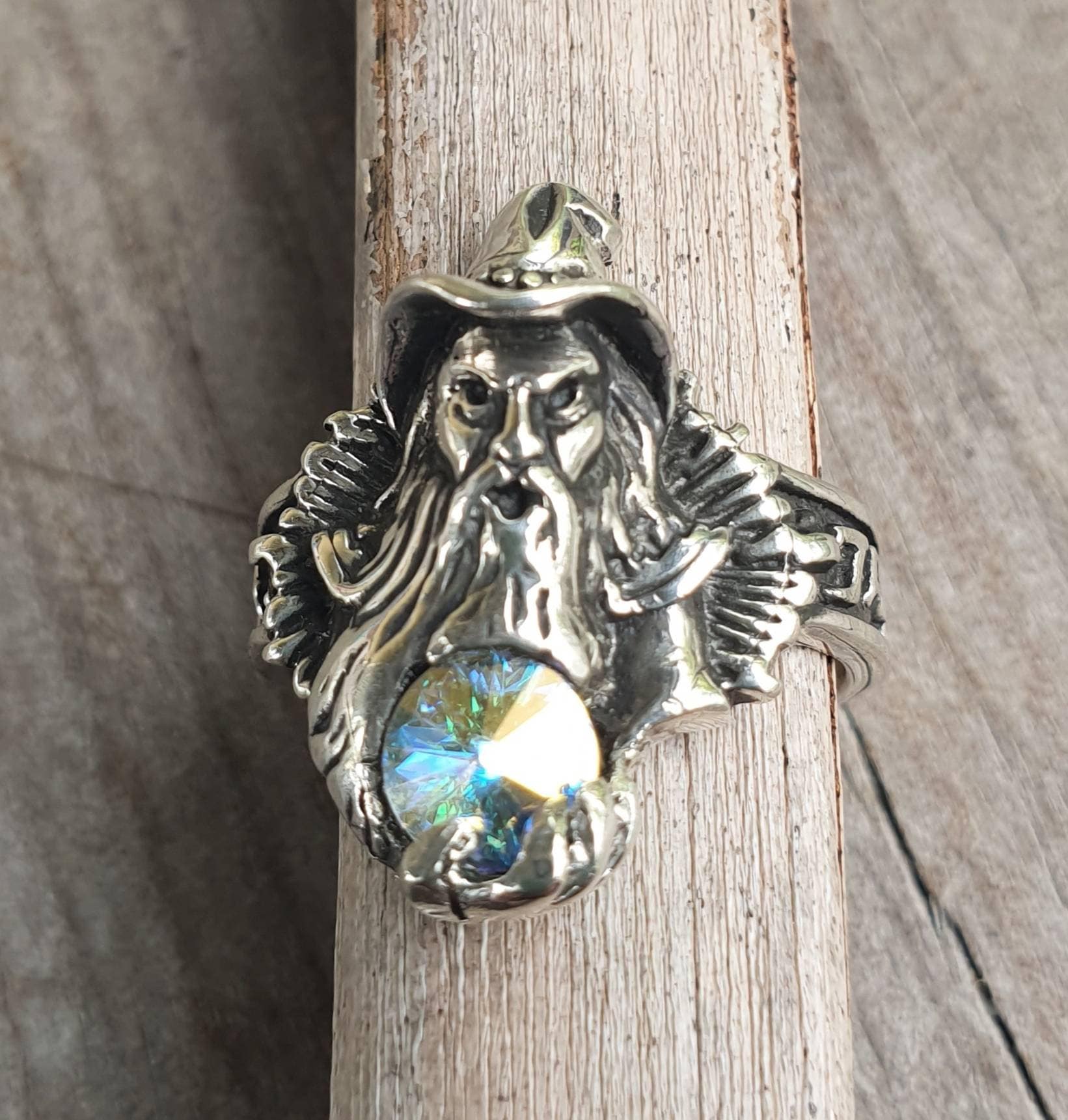 wizard ring,sterling silver,swarovski crystal,magic, fantasy,druid,Merlin,new age, mythical,steampunk,gothic punk,Crystal ball,boho,gypsy