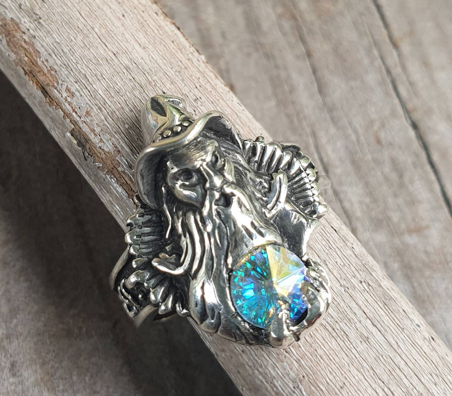 wizard ring,sterling silver,swarovski crystal,magic, fantasy,druid,Merlin,new age, mythical,steampunk,gothic punk,Crystal ball,boho,gypsy