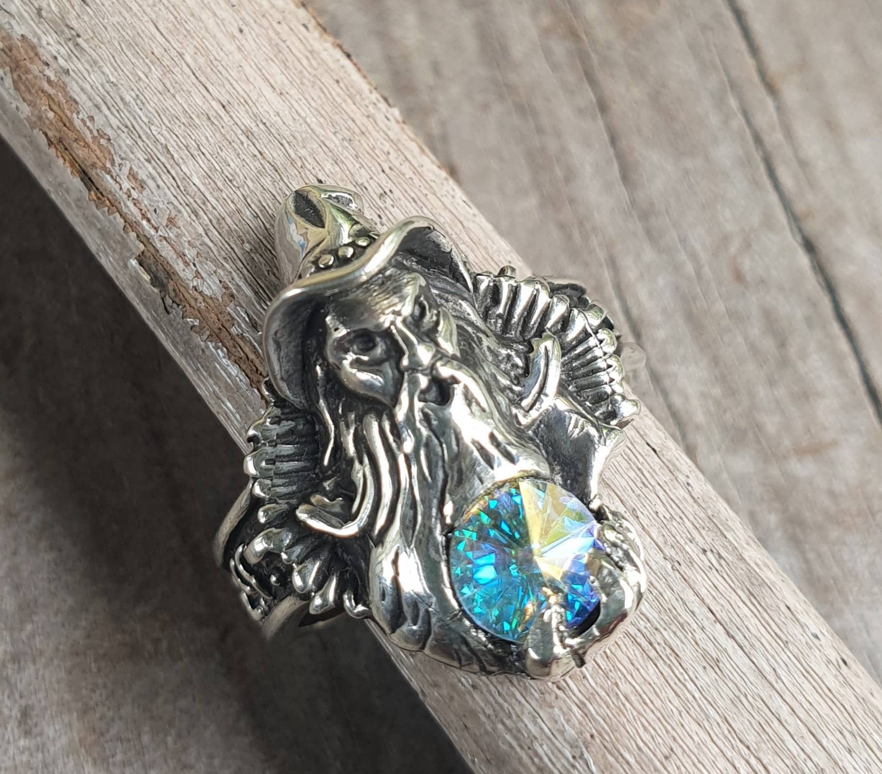 wizard ring,sterling silver,swarovski crystal,magic, fantasy,druid,Merlin,new age, mythical,steampunk,gothic punk,Crystal ball,boho,gypsy