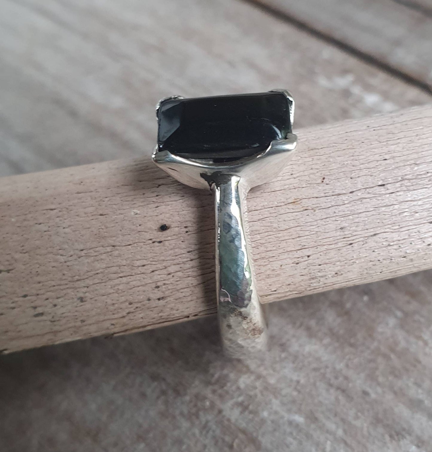 Black acrylic ring,boho new age,solid sterling silver,solitare,hammered chunky band