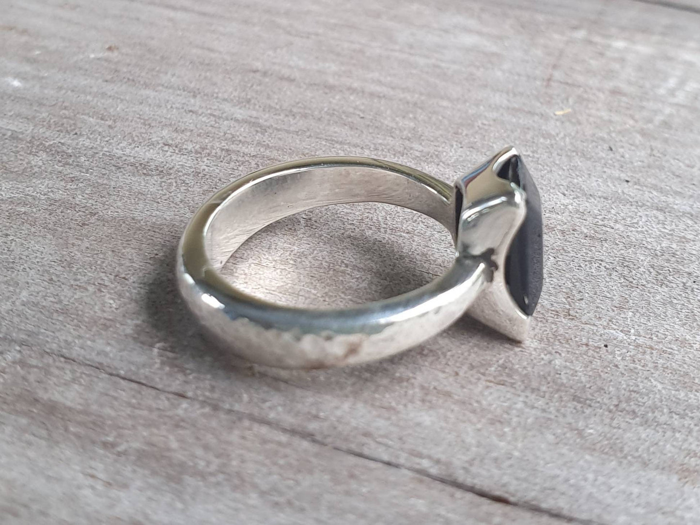 Black acrylic ring,boho new age,solid sterling silver,solitare,hammered chunky band