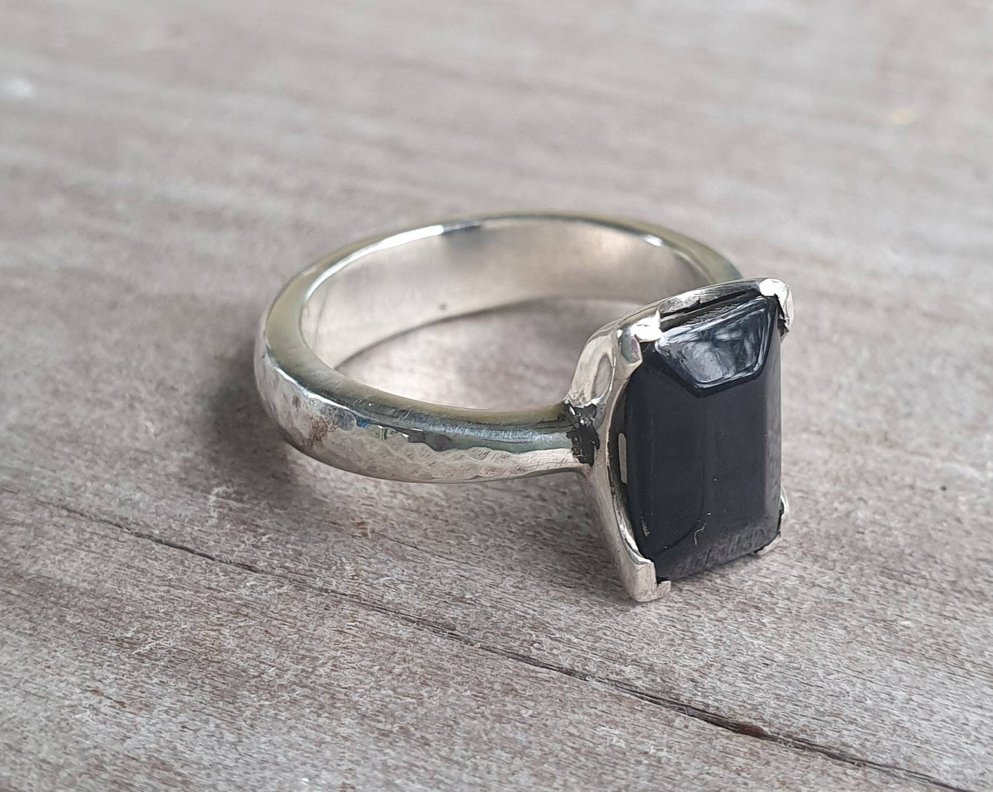 Black acrylic ring,boho new age,solid sterling silver,solitare,hammered chunky band