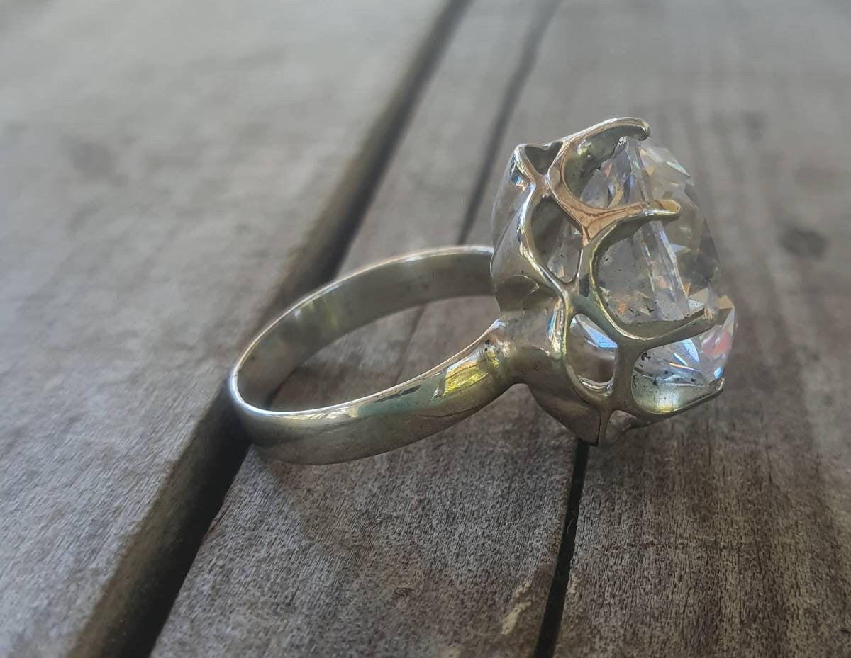 Large cz ring,sterling silver, handmade,goddess,boho,solitare ring,new age,goddess,cubic zirconia,