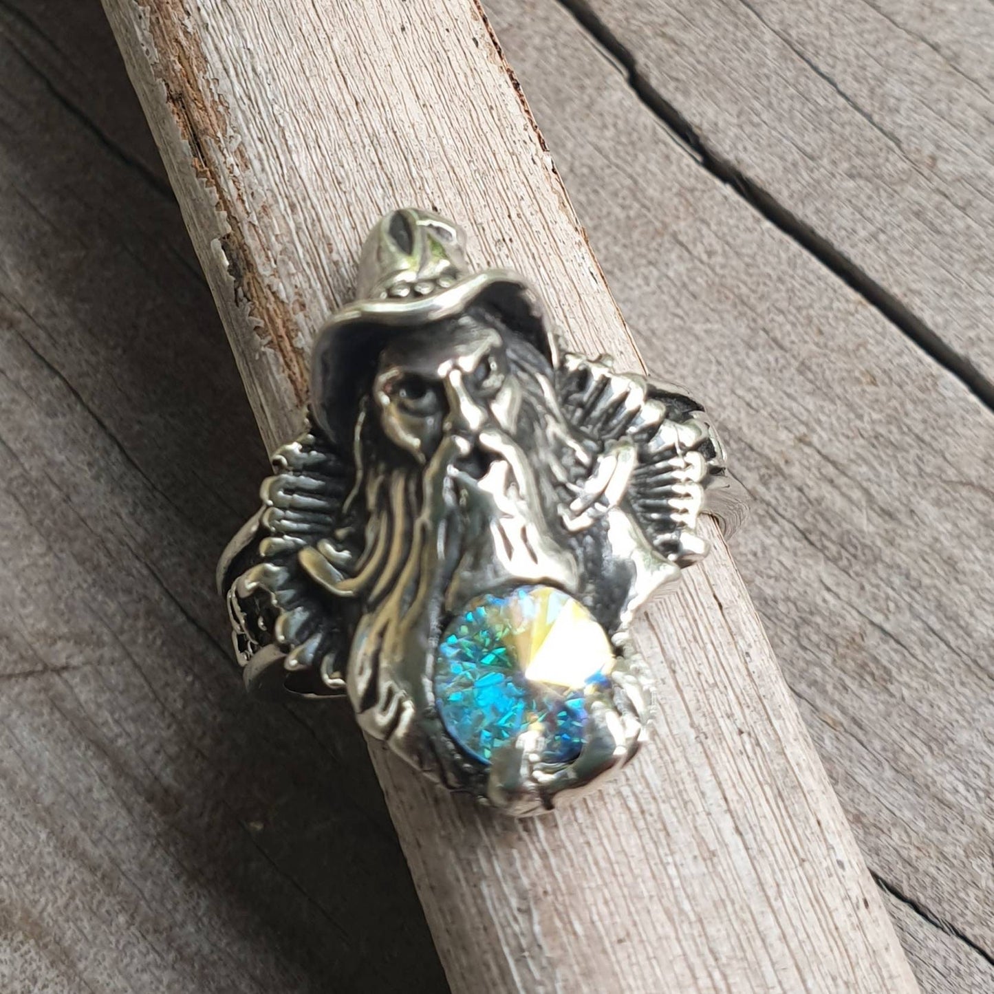 wizard ring,sterling silver,swarovski crystal,magic, fantasy,druid,Merlin,new age, mythical,steampunk,gothic punk,Crystal ball,boho,gypsy
