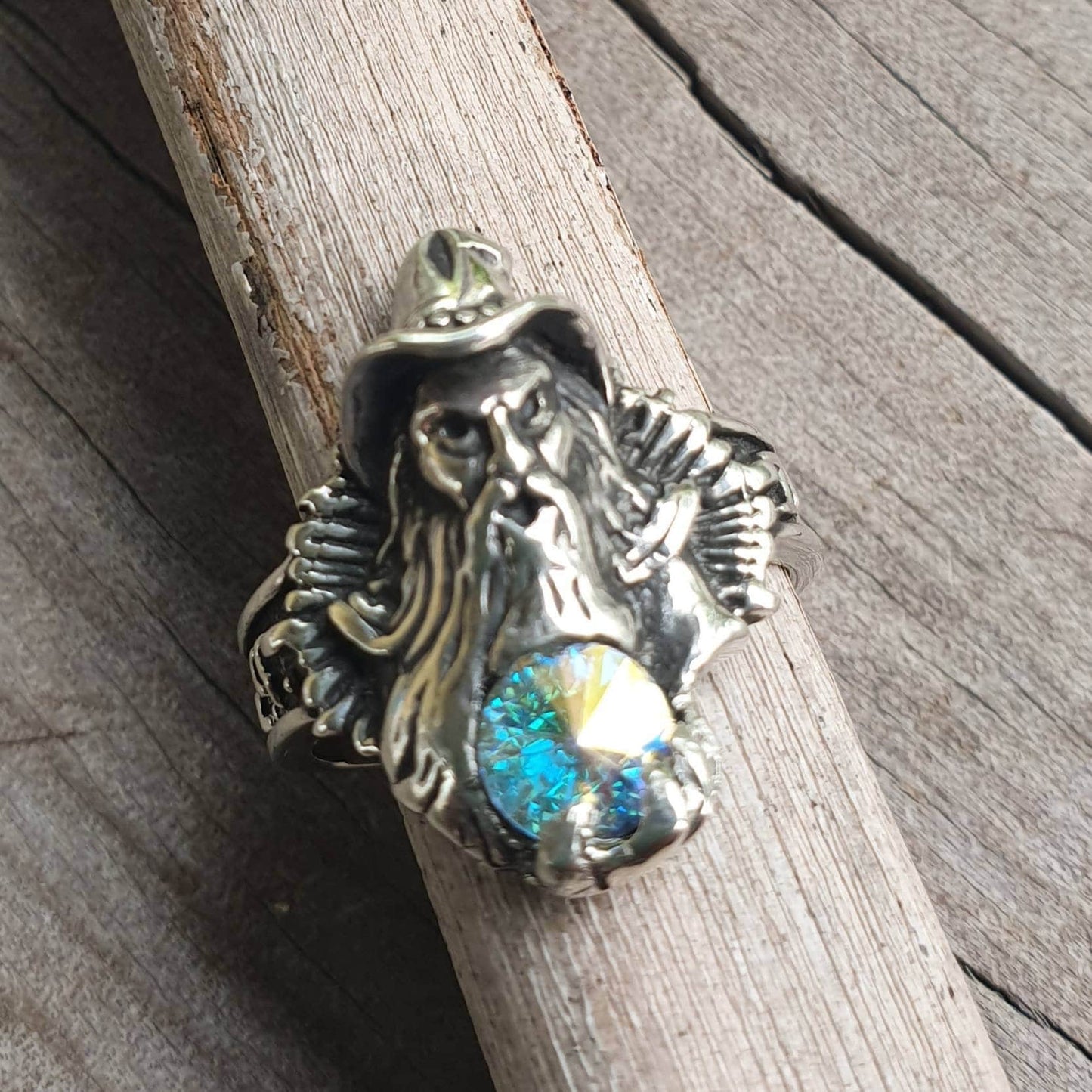 wizard ring,sterling silver,swarovski crystal,magic, fantasy,druid,Merlin,new age, mythical,steampunk,gothic punk,Crystal ball,boho,gypsy