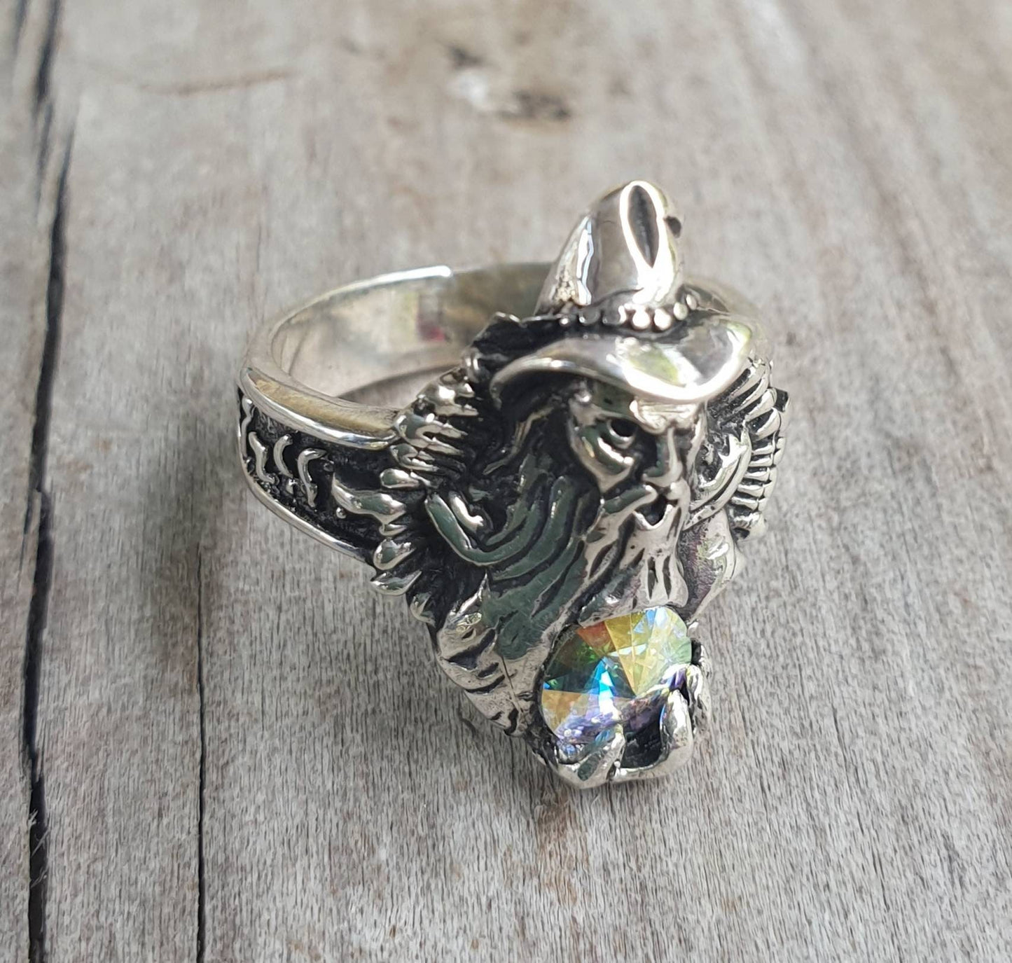 wizard ring,sterling silver,swarovski crystal,magic, fantasy,druid,Merlin,new age, mythical,steampunk,gothic punk,Crystal ball,boho,gypsy